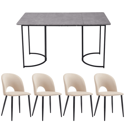 Conjunto de mesa de jantar 140x80 cm - 4 cadeiras, assento em veludo, pernas ajustáveis - Bege