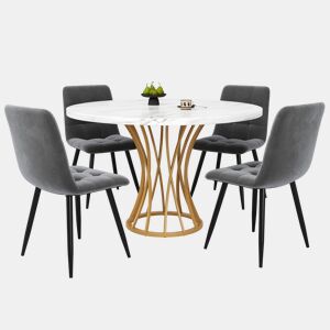 Conjunto de sala de jantar de 5 peças 80 cm - Mesa redonda com pernas metálicas douradas, tampo em mármore branco, cadeiras em veludo cinzento