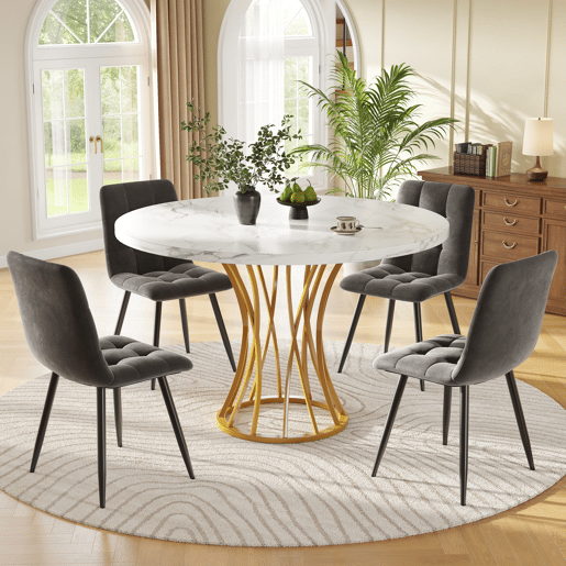Conjunto de sala de jantar de 5 peças 80 cm - Mesa redonda com pernas metálicas douradas, tampo em mármore branco, cadeiras em veludo cinzento