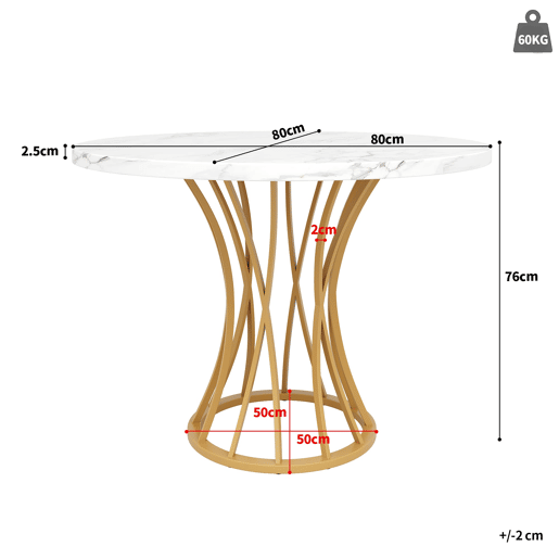 Conjunto de sala de jantar de 5 peças 80 cm - Mesa redonda com pernas metálicas douradas, tampo em mármore branco, cadeiras em veludo cinzento