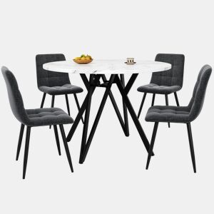Conjunto de mesa e cadeiras de 5 peças - Mesa redonda de 100 cm, pernas metálicas pretas, tampo em MDF, cadeiras em linho cinzento