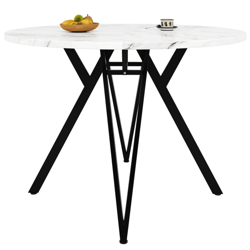 Conjunto de mesa e cadeiras de 5 peças - Mesa redonda de 100 cm, pernas metálicas pretas, tampo em MDF, cadeiras em linho cinzento