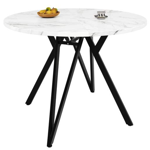 Conjunto de mesa e cadeiras de 5 peças - Mesa redonda de 100 cm, pernas metálicas pretas, tampo em MDF, cadeiras em linho cinzento