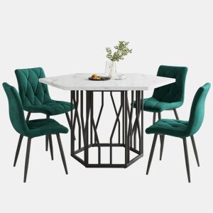 Conjunto de sala de jantar de 5 peças - Mesa de jantar hexagonal em mármore + 4 cadeiras de jantar em veludo verde - BrancoVerde