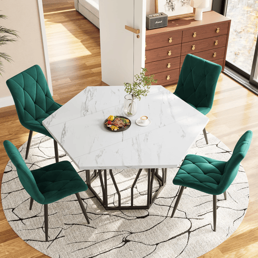 Conjunto de sala de jantar de 5 peças - Mesa de jantar hexagonal em mármore + 4 cadeiras de jantar em veludo verde - BrancoVerde