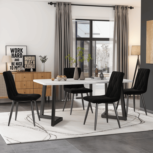 Conjunto de sala de jantar 117x68cm - Mesa retangular com 4 cadeiras - Cadeiras de veludo preto - Pernas pretas