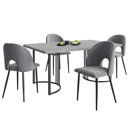 Conjunto de sala de jantar 140x80 cm - Mesa MDF cinzenta com 4 cadeiras de veludo cinzento, pernas pretas