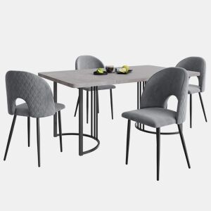 Conjunto de sala de jantar 140x80 cm - Mesa MDF cinzenta com 4 cadeiras de veludo cinzento, pernas pretas