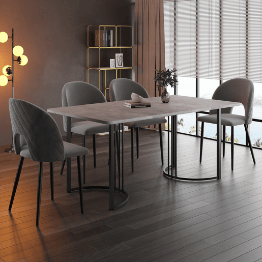 Conjunto de sala de jantar 140x80 cm - Mesa MDF cinzenta com 4 cadeiras de veludo cinzento, pernas pretas