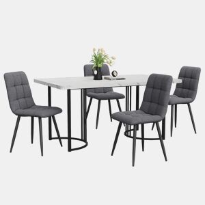 Conjunto de sala de jantar de 5 peças 140x80 cm - Mesa com 4 cadeiras, pernas metálicas pretas, tampo em MDF branco, cadeiras em linho cinza escuro