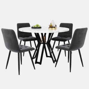 Conjunto de sala de jantar de 5 peças - Mesa redonda de 100 cm, pernas pretas, tampo em mármore branco, cadeiras em veludo cinzento - Multicolorido
