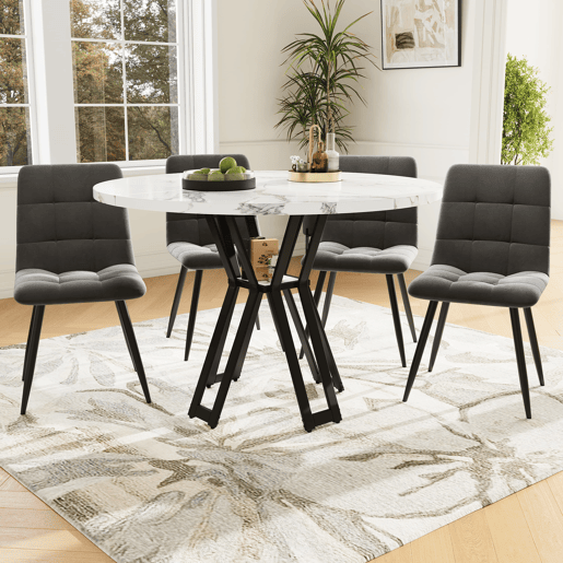 Conjunto de sala de jantar de 5 peças - Mesa redonda de 100 cm, pernas pretas, tampo em mármore branco, cadeiras em veludo cinzento - Multicolorido