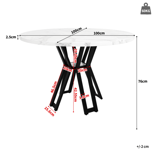 Conjunto de sala de jantar de 5 peças - Mesa redonda de 100 cm, pernas pretas, tampo em mármore branco, cadeiras em veludo cinzento - Multicolorido