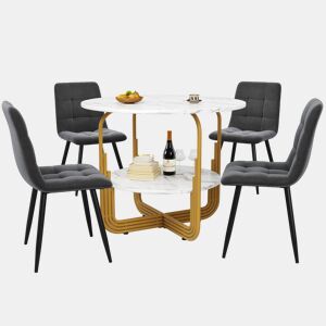 Conjunto de mesa e cadeiras 80 cm - Mesa redonda com pernas metálicas douradas - Cadeiras cinzentas