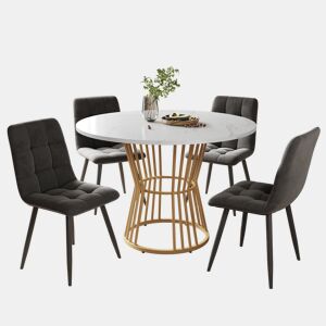 Conjunto de sala de jantar de 5 peças - Mesa redonda de 100 cm com 4 cadeiras de veludo cinza escuro
