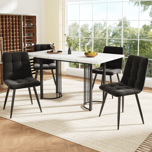 Conjunto de sala de jantar de 5 peças 140x80 cm - Mesa extensível com 4 cadeiras de veludo preto e branco - Metal