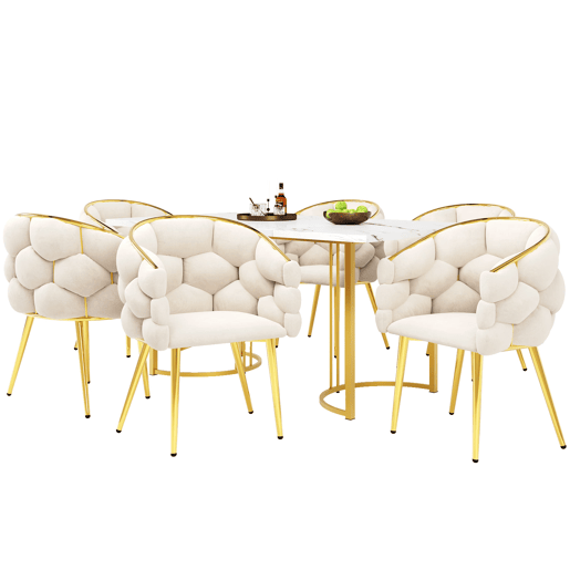 Conjunto de sala de jantar (7 peças) 140x80 cm - mesa com 6 cadeiras, pernas metálicas douradas, design marmorizado - bege, dourado, branco