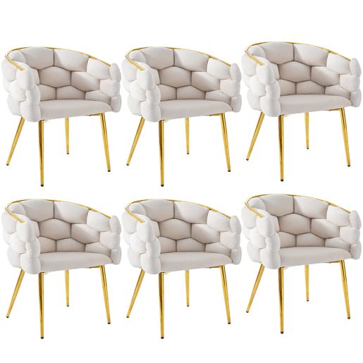 Conjunto de sala de jantar (7 peças) 140x80 cm - mesa com 6 cadeiras, pernas metálicas douradas, design marmorizado - bege, dourado, branco