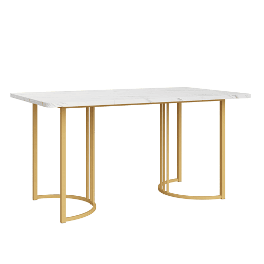 Conjunto de sala de jantar (7 peças) 140x80 cm - mesa com 6 cadeiras, pernas metálicas douradas, design marmorizado - bege, dourado, branco