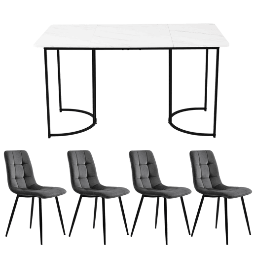 Conjunto de sala de jantar de 5 peças 140x80cm - Mesa com 4 cadeiras de veludo cinza escuro e pernas metálicas pretas