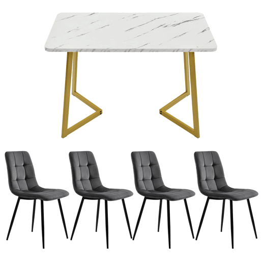 Conjunto de sala de jantar 117 cm - Mesa retangular com 4 cadeiras, Cadeiras de veludo cinza, Pernas douradas