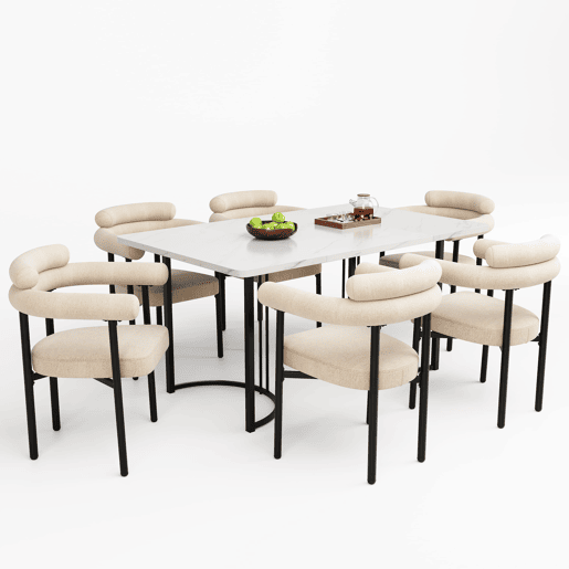 Conjunto de sala de jantar de 7 peças - Mesa com pernas metálicas de design - 6 cadeiras com assento em camurça bege