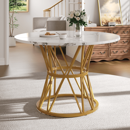 Conjunto de mesa e cadeiras 5 peças 100 cm - Mesa redonda MDF mármore, cadeiras de veludo cinza, pernas metálicas - Dourado, Cinza