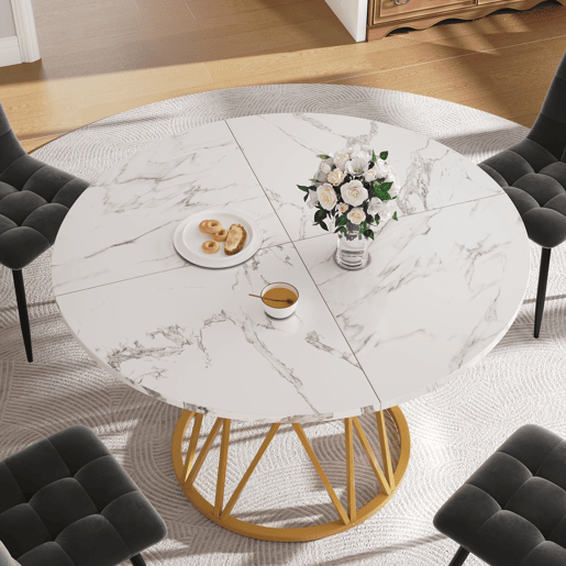 Conjunto de mesa e cadeiras 5 peças 100 cm - Mesa redonda MDF mármore, cadeiras de veludo cinza, pernas metálicas - Dourado, Cinza