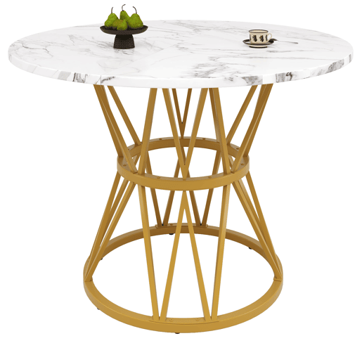 Conjunto de mesa e cadeiras 5 peças 100 cm - Mesa redonda MDF mármore, cadeiras de veludo cinza, pernas metálicas - Dourado, Cinza