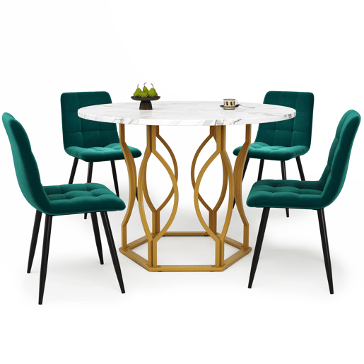 Conjunto de mesa e cadeiras 5 peças 100 cm - Mesa redonda com pernas metálicas douradas, cadeiras de veludo verde - Multicolor