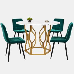 Conjunto de mesa e cadeiras 5 peças 100 cm - Mesa redonda com pernas metálicas douradas, cadeiras de veludo verde - Multicolor