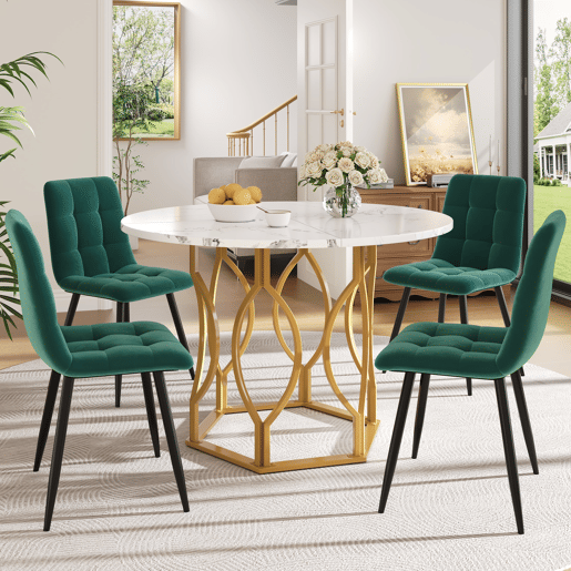 Conjunto de mesa e cadeiras 5 peças 100 cm - Mesa redonda com pernas metálicas douradas, cadeiras de veludo verde - Multicolor