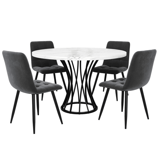 Conjunto de sala de jantar de 5 peças, 80 cm - mesa redonda branca em mármore, cadeiras em veludo cinzento - multicolorido