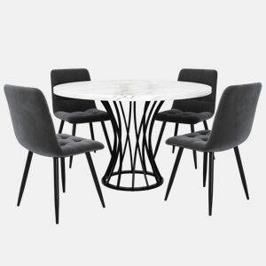 Conjunto de sala de jantar de 5 peças, 80 cm - mesa redonda branca em mármore, cadeiras em veludo cinzento - multicolorido