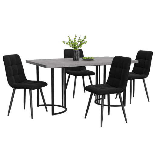 Conjunto de sala de jantar de 5 peças 140×80 cm - Mesa de cozinha com 4 cadeiras, pernas metálicas pretas, tampo em MDF cinzento - Veludo preto