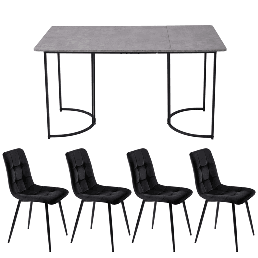 Conjunto de sala de jantar de 5 peças 140×80 cm - Mesa de cozinha com 4 cadeiras, pernas metálicas pretas, tampo em MDF cinzento - Veludo preto