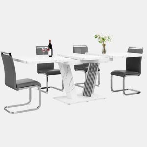 Conjunto de sala de jantar de 5 peças 120(160)x80x76 cm - Mesa extensível com 4 cadeiras de couro sintético cinza - Branco