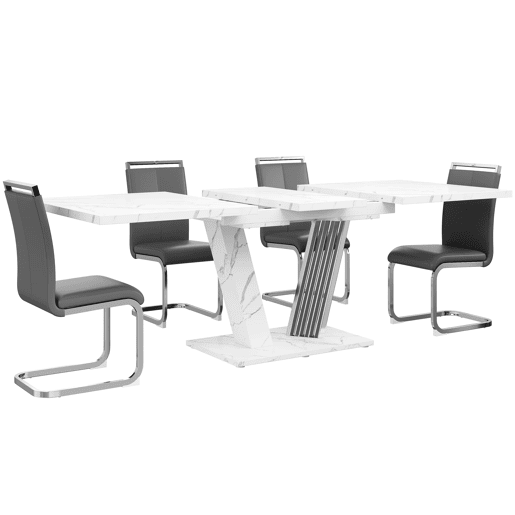 Conjunto de sala de jantar de 5 peças 120(160)x80x76 cm - Mesa extensível com 4 cadeiras de couro sintético cinza - Branco Conjunto de sala de jantar de 5 peças 120(160)x80x76 cm - Mesa extensível com 4 cadeiras de couro sintético cinza - Branco
