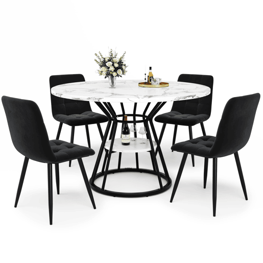 Conjunto de sala de jantar de 5 peças 100x100x76 cm - Mesa redonda com tampo em mármore + 4 cadeiras em veludo - Preto
