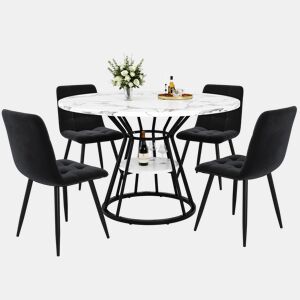 Conjunto de sala de jantar de 5 peças 100x100x76 cm - Mesa redonda com tampo em mármore + 4 cadeiras em veludo - Preto