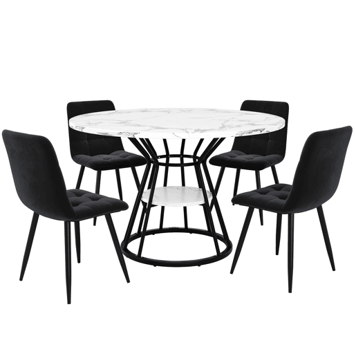 Conjunto de sala de jantar de 5 peças 100x100x76 cm - Mesa redonda com tampo em mármore + 4 cadeiras em veludo - Preto