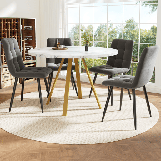 Conjunto de mesa e cadeiras 5 peças 80x80x75 cm - Mesa redonda com 4 cadeiras de veludo - Branco e dourado