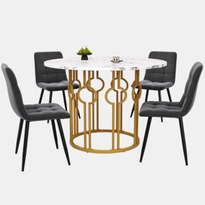 Conjunto de mesa e cadeiras 100 cm - Mesa redonda com pernas metálicas douradas - Samt cinza escuro