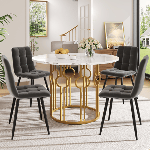 Conjunto de mesa e cadeiras 100 cm - Mesa redonda com pernas metálicas douradas - Samt cinza escuro