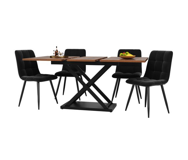 Conjunto comedor 5 piezas 160×80×75cm - mesa extensible con 4 sillas de terciopelo negro