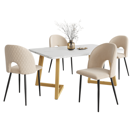 Conjunto de sala de jantar 117x68 cm - Mesa retangular, 4 cadeiras, veludo bege, pernas douradas