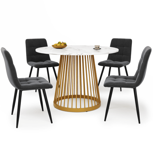 Conjunto de mesa e cadeiras 5 peças - Mesa redonda 80 cm, pernas metálicas douradas, cadeiras de veludo cinza