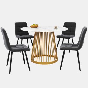 Conjunto de mesa e cadeiras 5 peças - Mesa redonda 80 cm, pernas metálicas douradas, cadeiras de veludo cinza