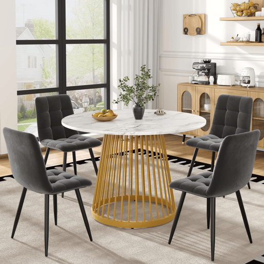 Conjunto de mesa e cadeiras 5 peças - Mesa redonda 80 cm, pernas metálicas douradas, cadeiras de veludo cinza