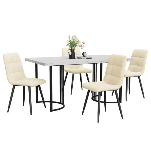 Conjunto de sala de jantar de 5 peças 140x80 cm - Mesa com 4 cadeiras de veludo bege - Estrutura metálica preta